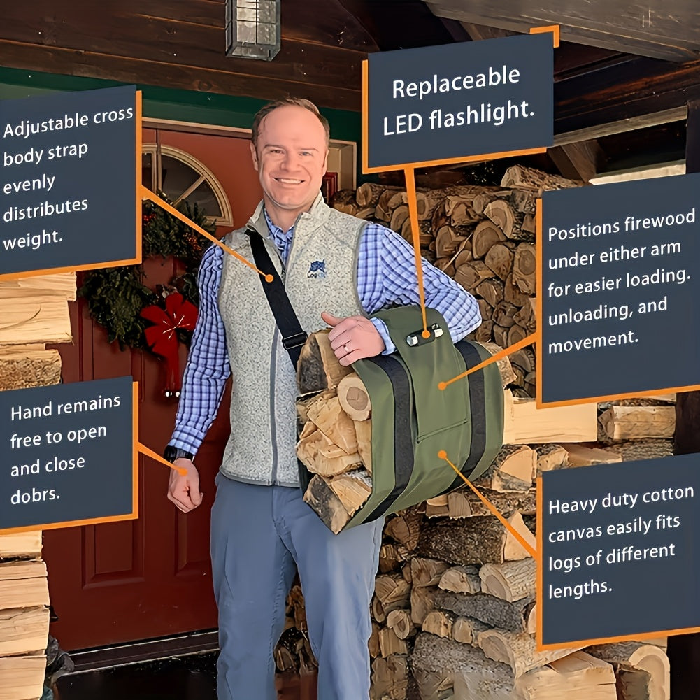 Heavy-Duty Canvas Firewood Storage Bag with Adjustable Shoulder Strap and LED Flashlight
