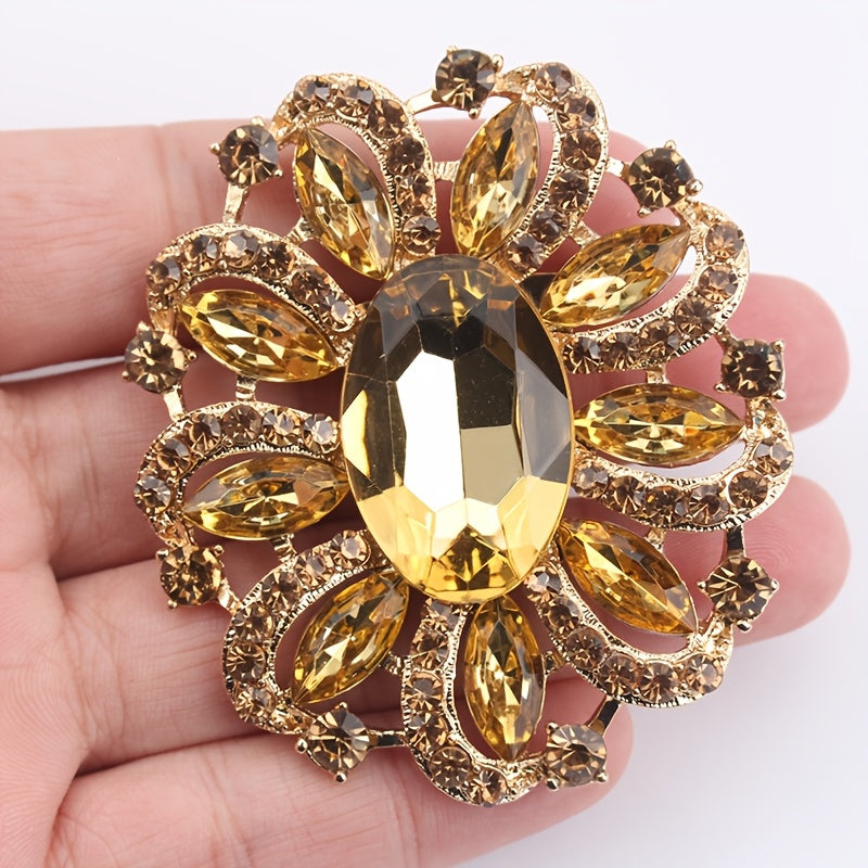 Women's Rhinestone Floral Brooch with Quadrilateral Gemstone Horse Eye Pin