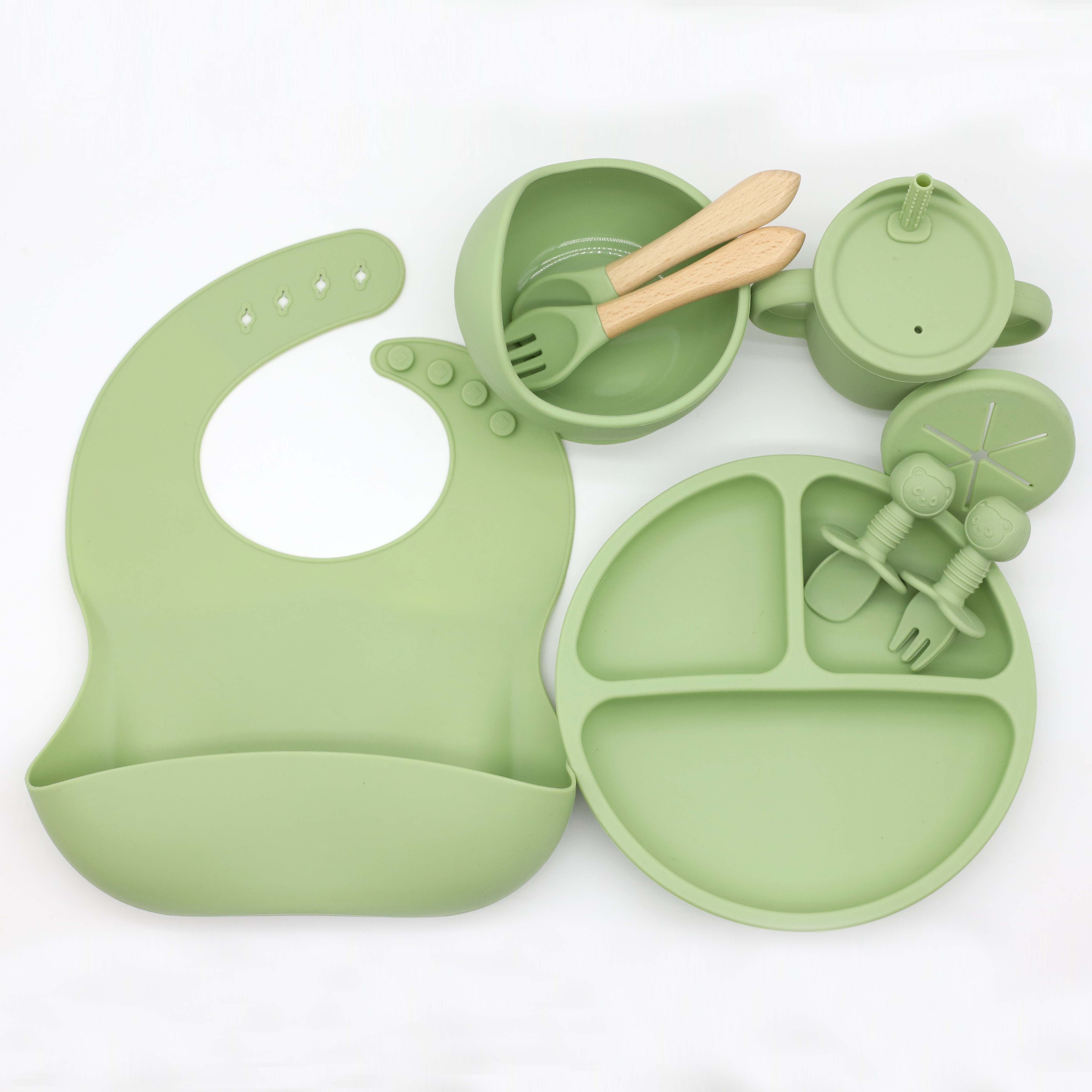 Juego de vajilla de silicona verde de 9 piezas con plato con babero, cuenco, taza y utensilios