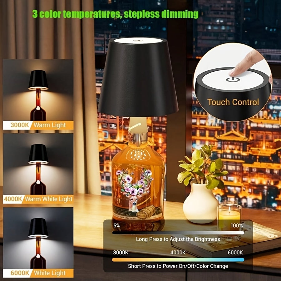 ABS materialidan yasalgan LED shisha chirog'i, teginish nazorati bilan, dimmable va qayta zaryadlanadigan, turli muhitlar uchun ideal.