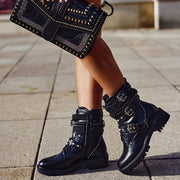 Women's Solid Color Combat Boots with Side Zipper and Buckle