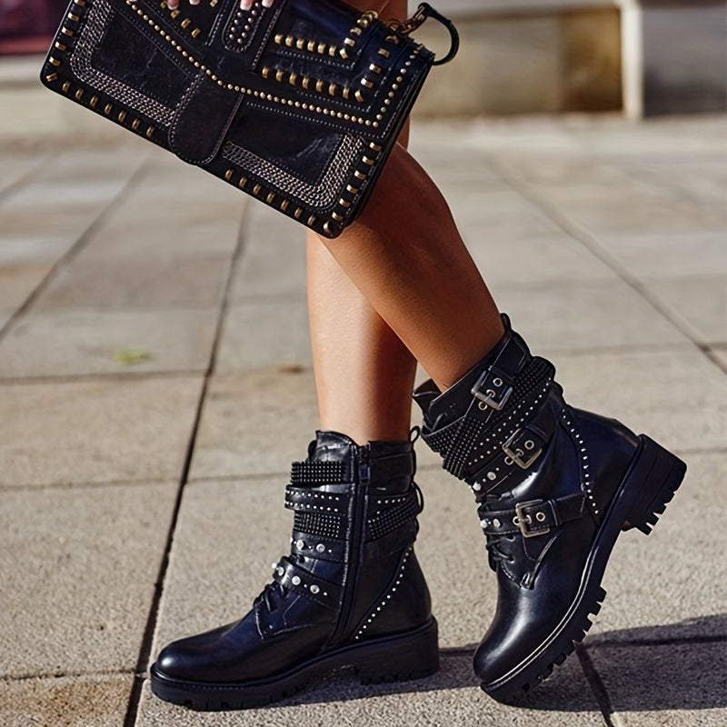 Women's Solid Color Combat Boots with Side Zipper and Buckle