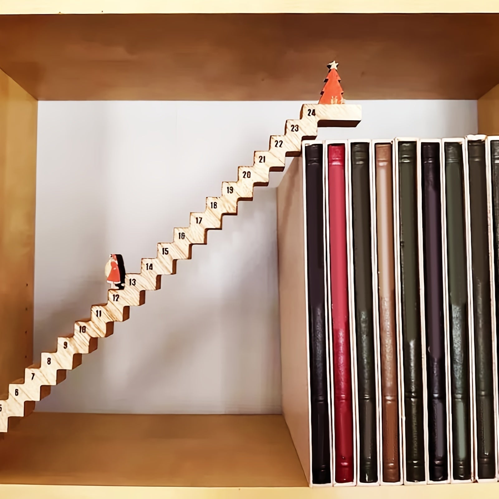 Wooden Christmas Advent Calendar with Santa, Stairs, Numbered Slots and Figurines