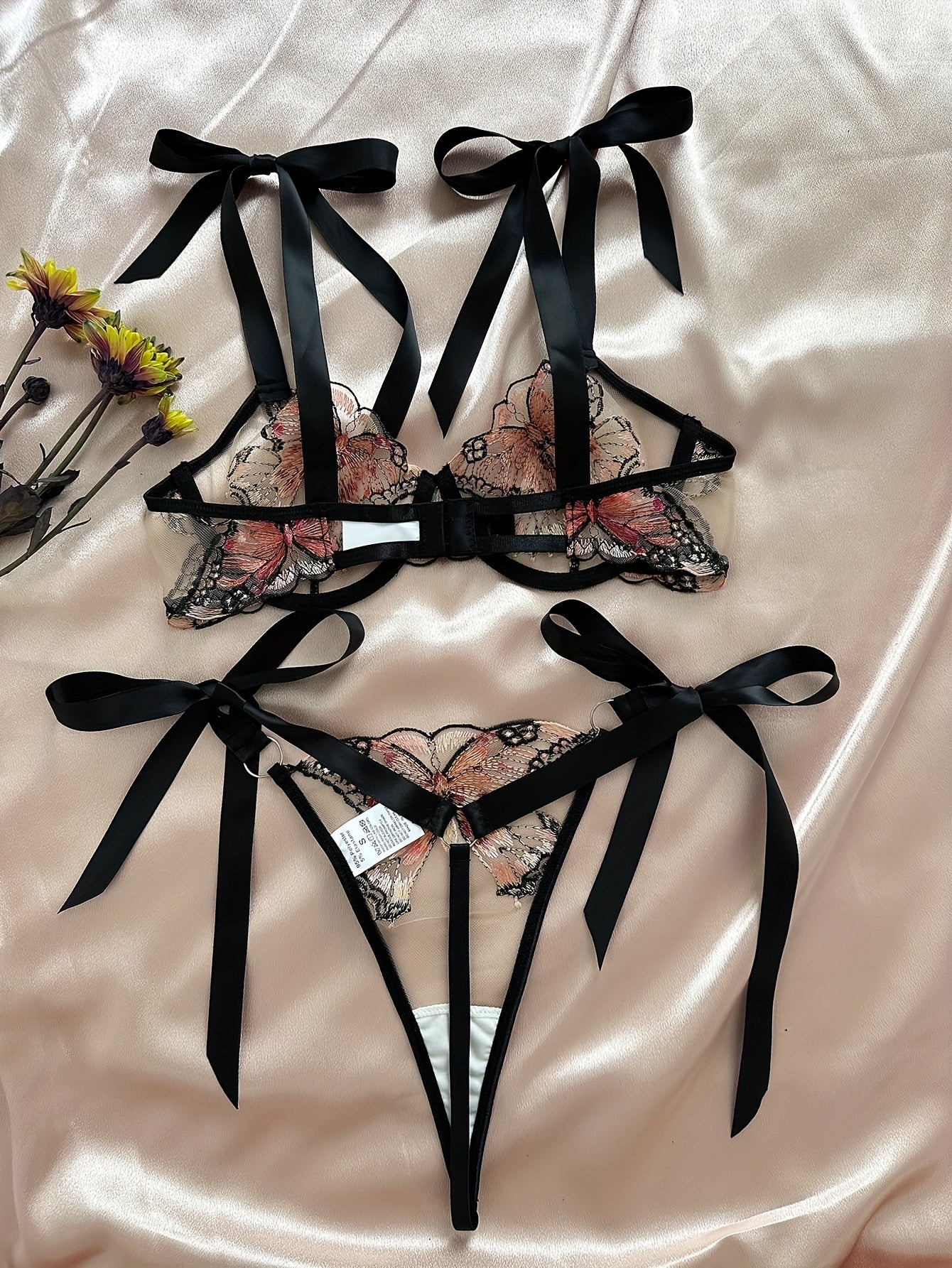 Women's Mesh Lingerie Set with Embroidered Butterfly Design Bra and Thong
