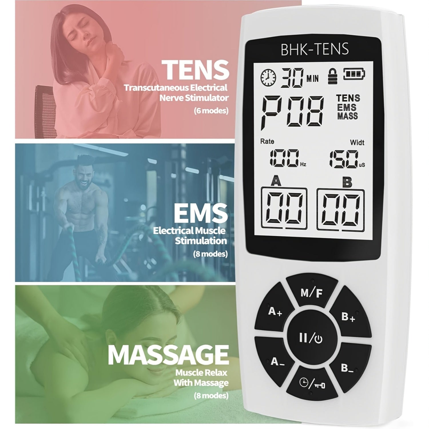 BHK-TENS Qayta zaryadlanadigan TENS qurilmasi - Og'riq terapiyasi uchun USB orqali zaryadlanadigan EMS mushak stimulyatori