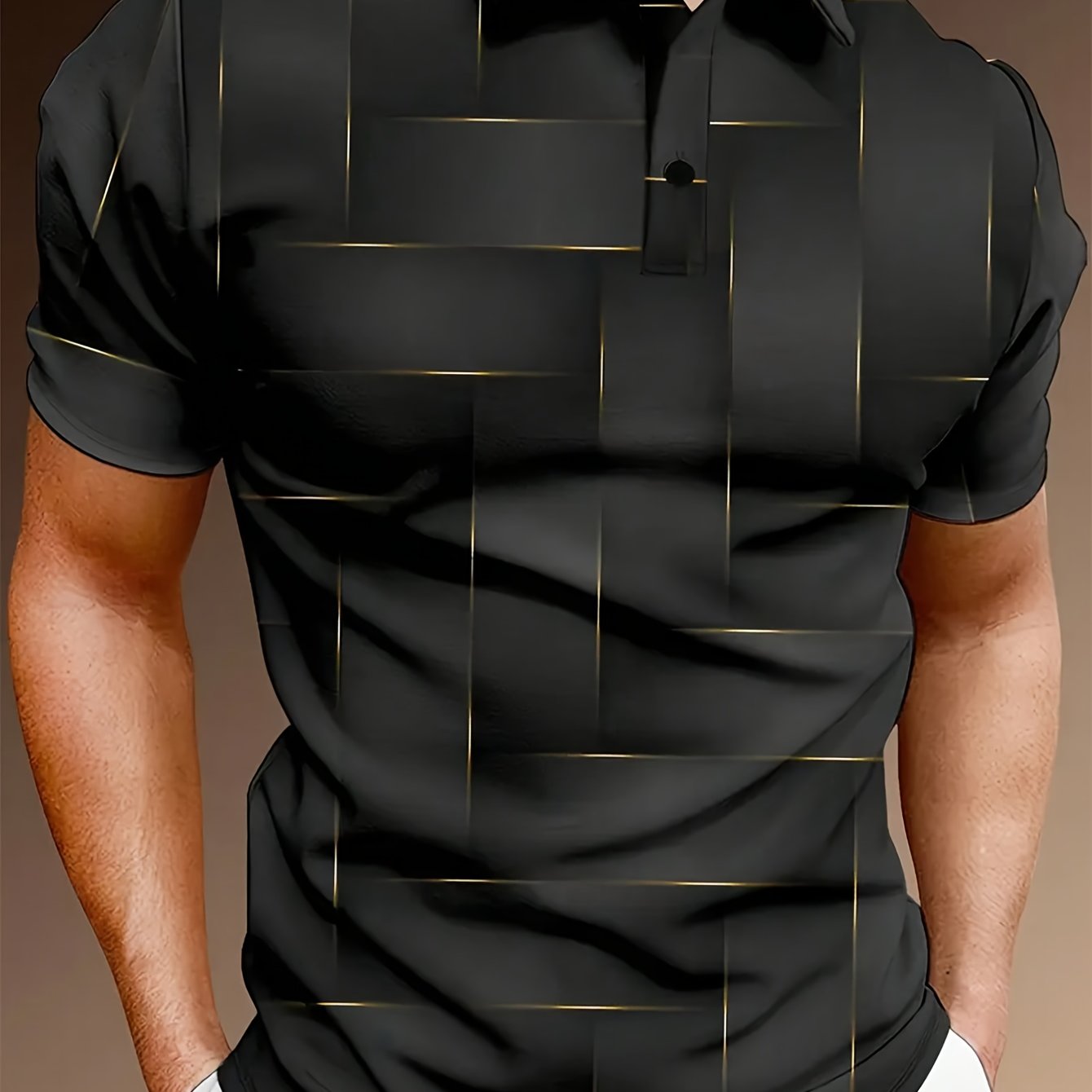 Men's Short Sleeve Shirt Black and Gold Geometric Print Polyester Casual Golf