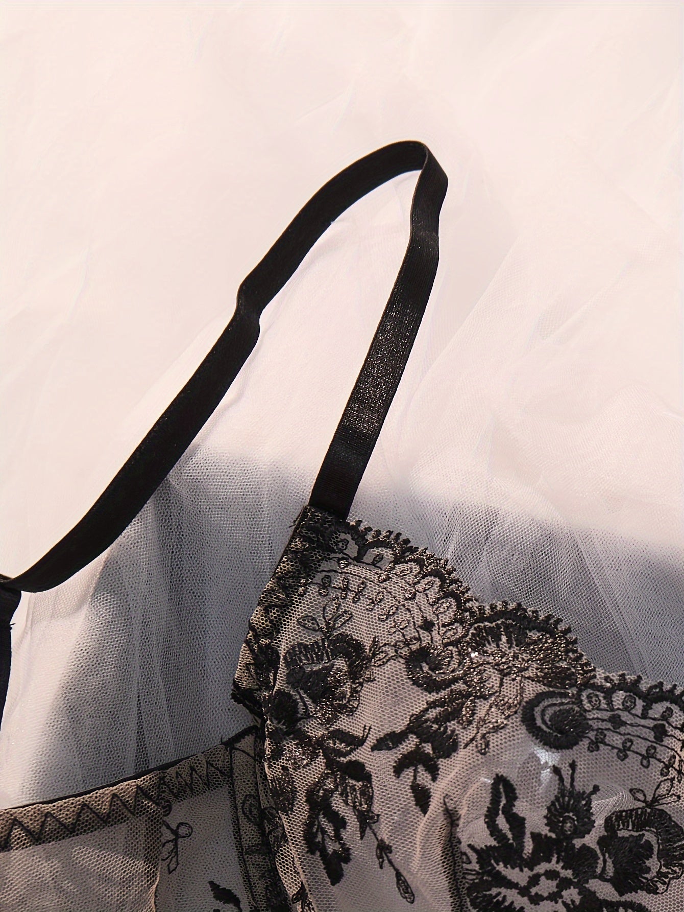 Women's Embroidered Flower Lingerie Set Fishnet Bra and Thong Midnight Passion