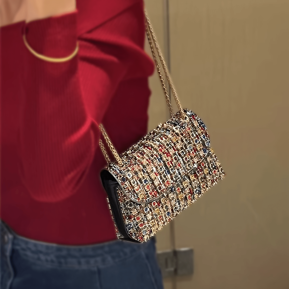 Women's Evening Clutch Bag with Rhinestones Beads Adjustable Strap Magnetic Closure