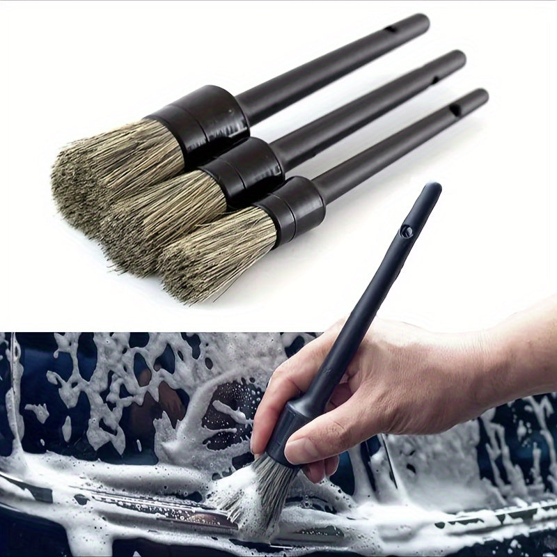 3pcs Natural Boar Hair Car Detailing Brush Set Soft Bristle Exterior Tire Cleaning