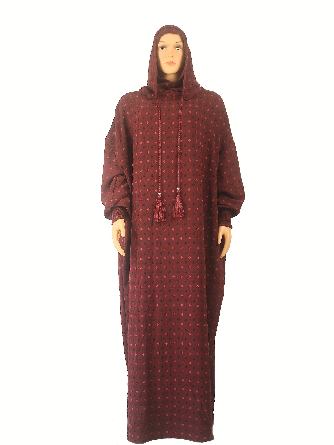 Women's Red Polka Dot Maxi Abaya Modest Dress with Hood and Lantern Sleeves