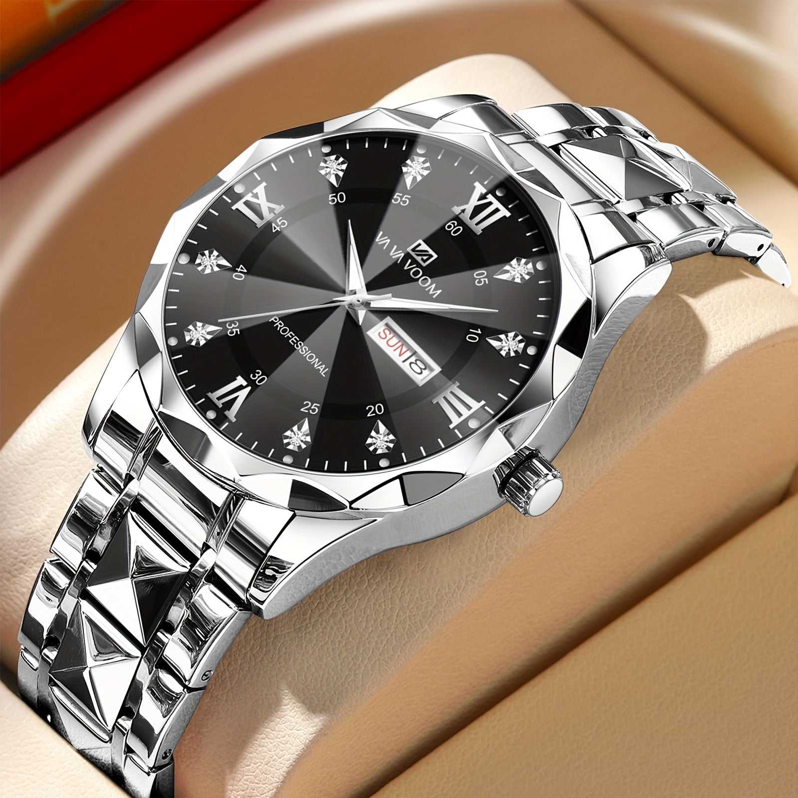 Men's Stainless Steel Watch with Night Glow Rhinestone Rivets Business Style