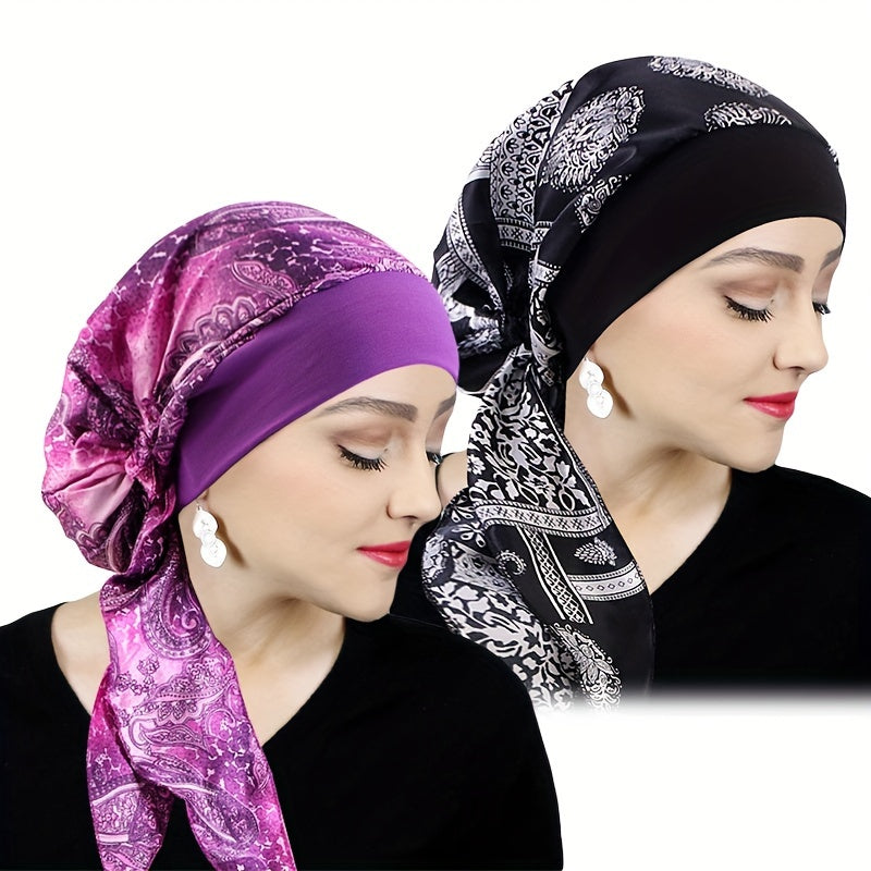 Women's Satin Printed Turban Caps Pack of Two with Stretchy Wide Band for Sleeping and Casual Wear