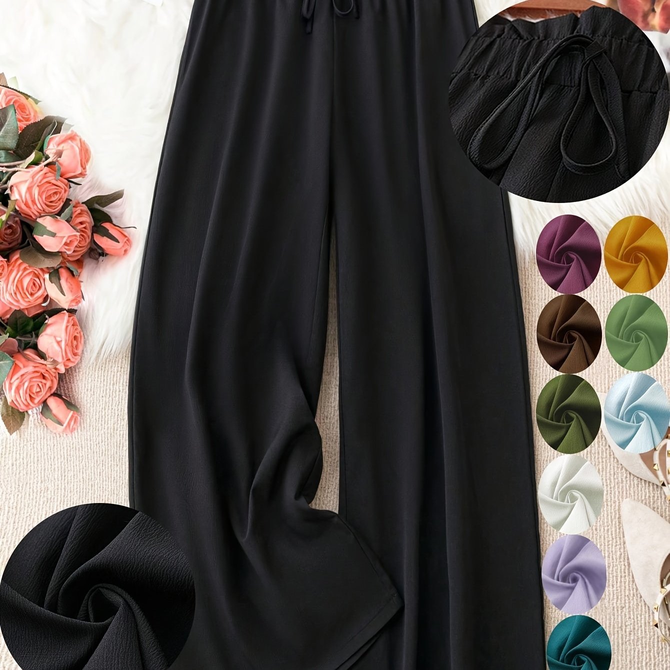 Plus Size Woven Fabric Straight Leg Pants with Drawstring Waist for Spring and Summer