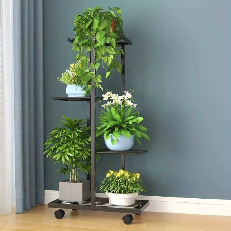 Soporte de flores de metal con ruedas para uso en interiores y exteriores, estante de varias alturas para plantas