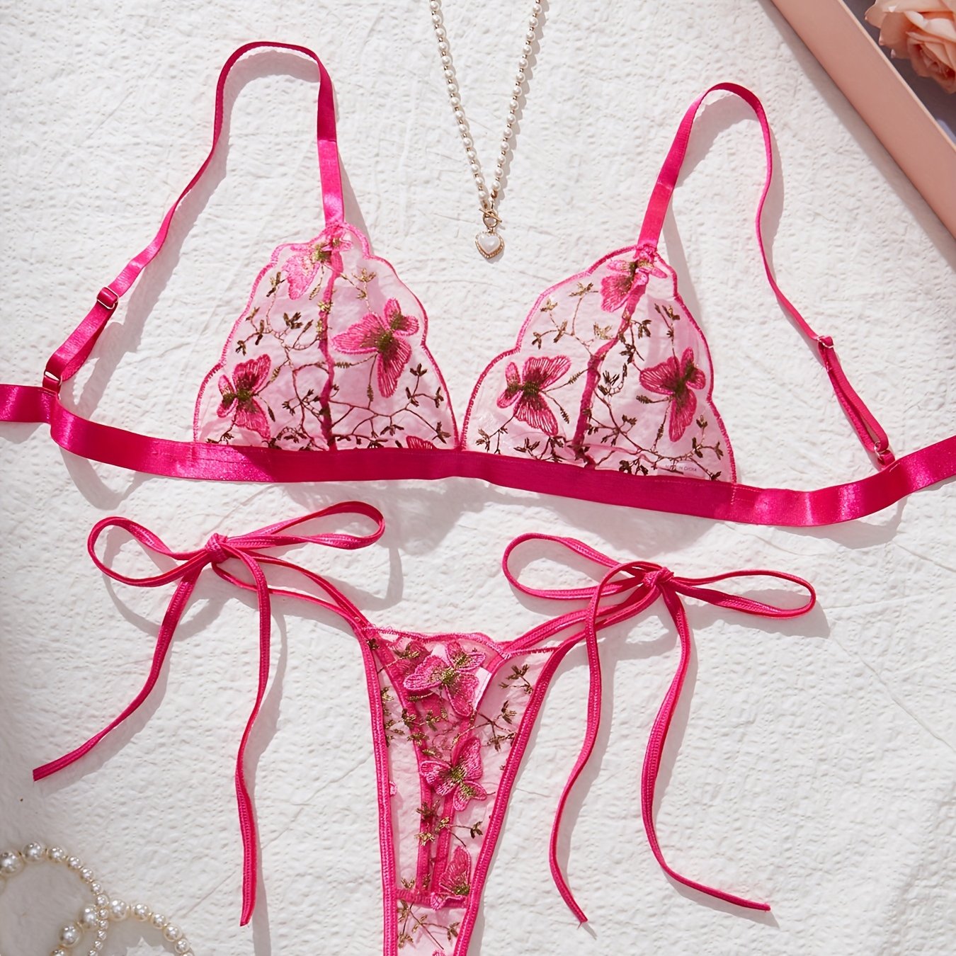 Women's Lingerie Set with Butterfly Pattern and Thin Shoulder Straps