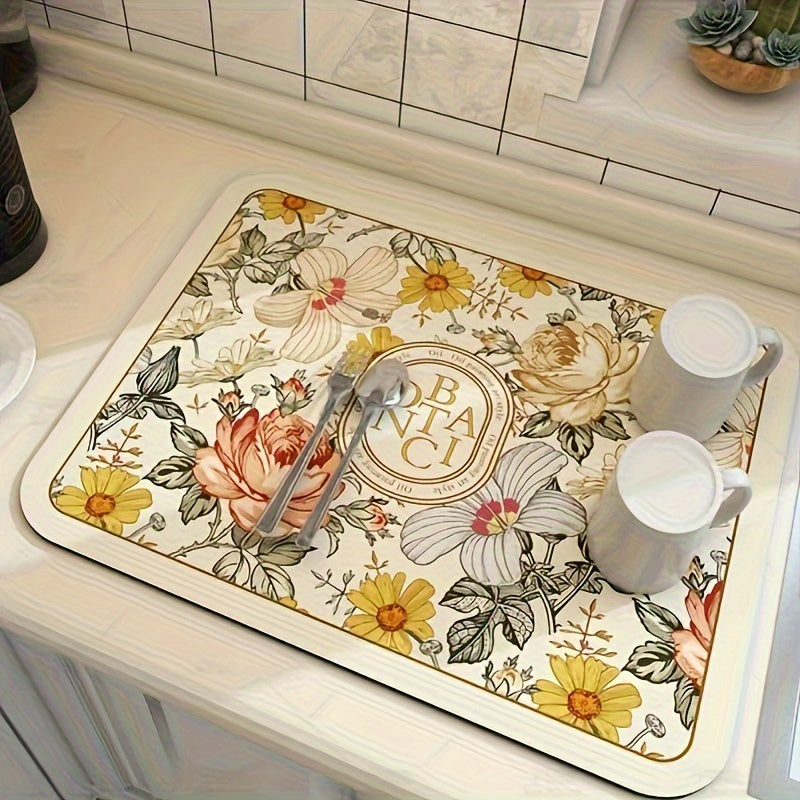 Floral Diatomite Dish Drying Mat, Machine Washable, Fast-Drying Kitchen Countertop Pad