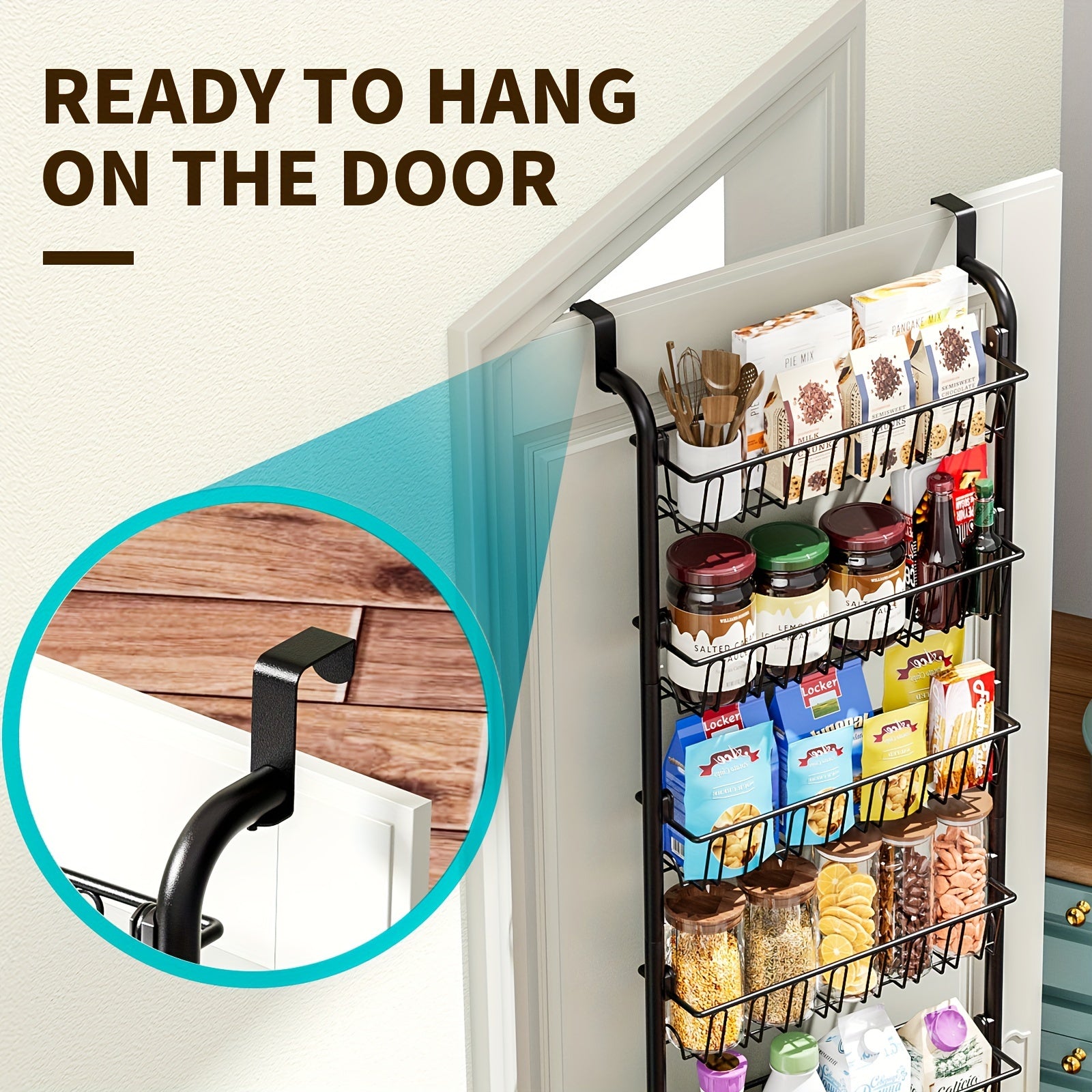 Black Metal Over-the-Door Pantry Organizer with 6 Tiers Kitchen Storage Rack