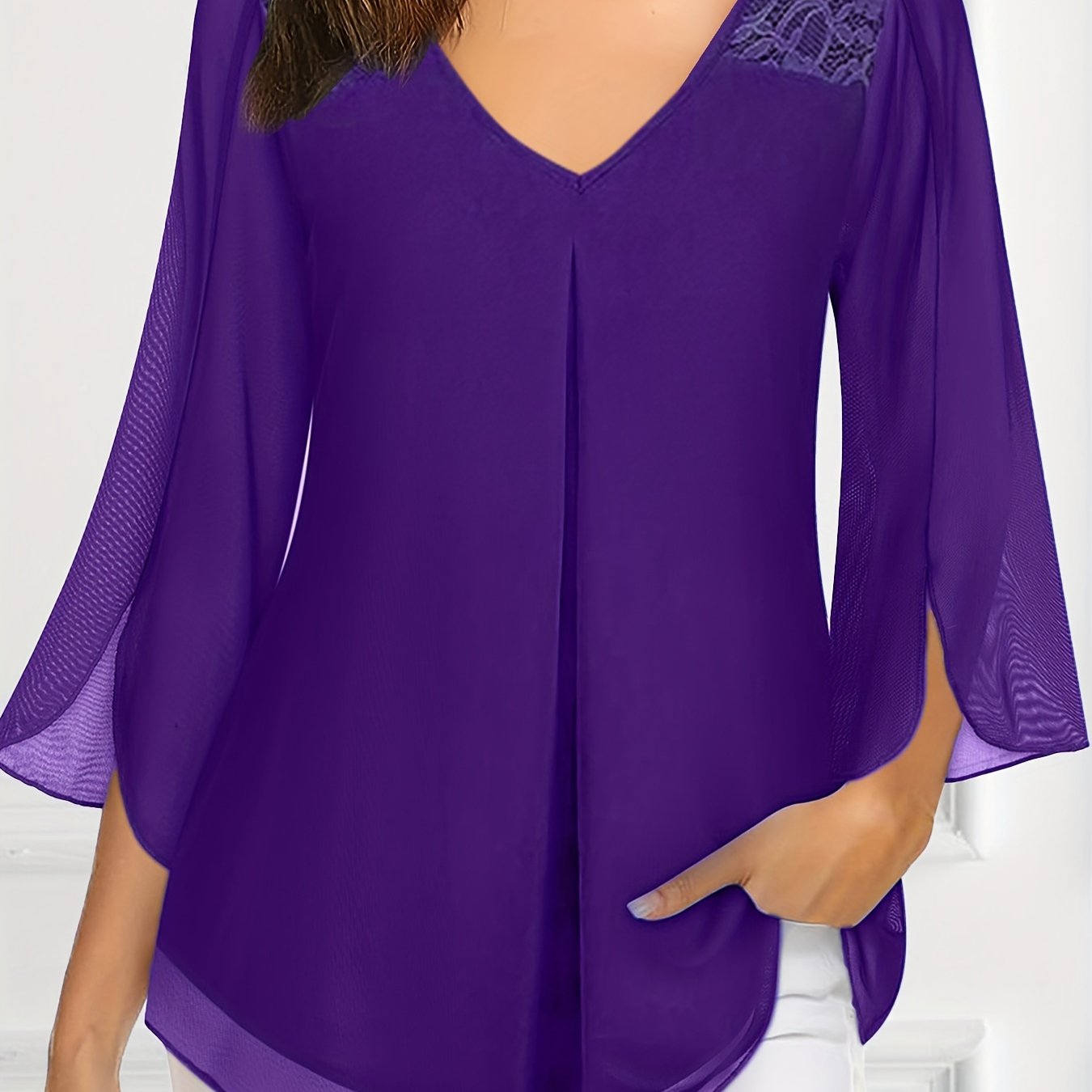 Women's Plus Size V-Neck Blouse with Lace Detail Flared Sleeves Polyester