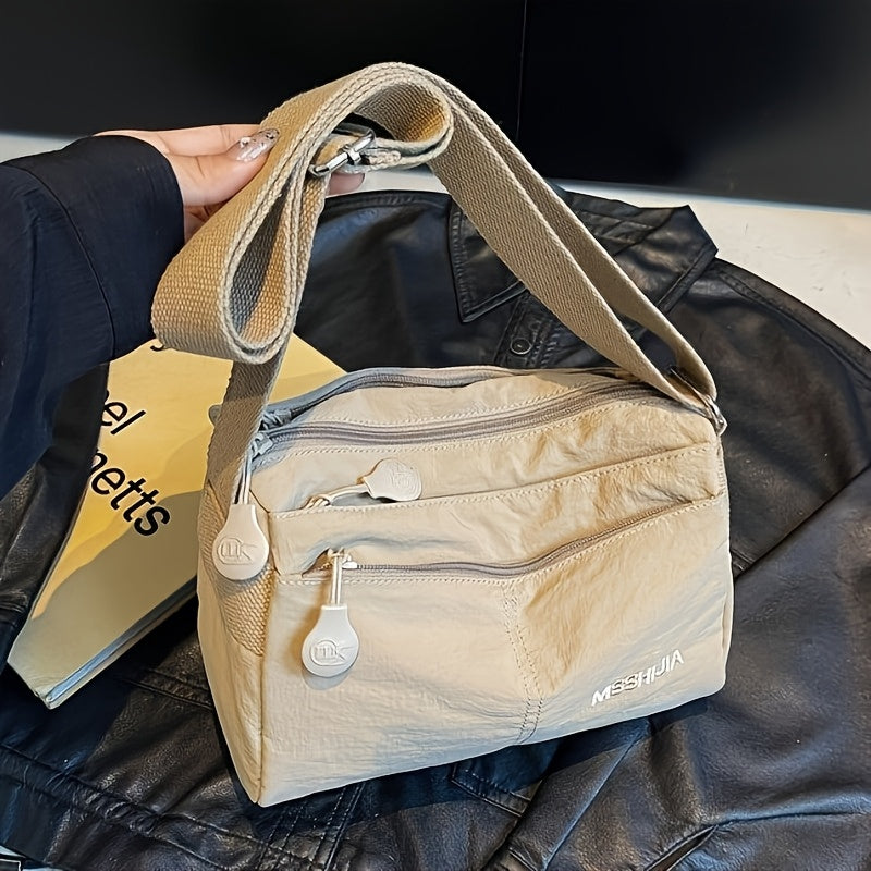 Women's Nylon Crossbody Bag Lightweight Spacious Solid Color with Zipper Closure Khaki Black