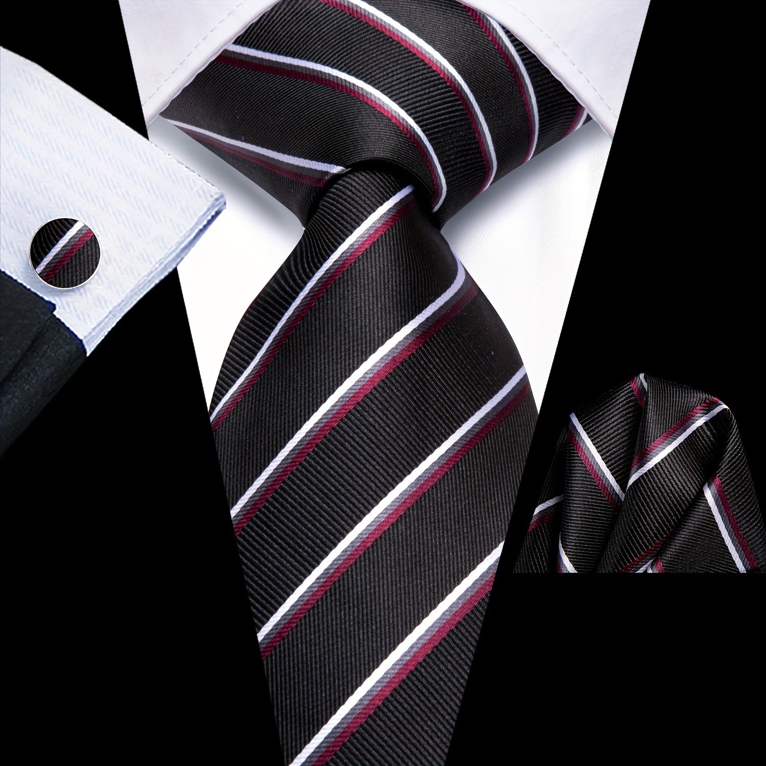 Men's Classic Striped Necktie Set with Cufflinks for Business and Party