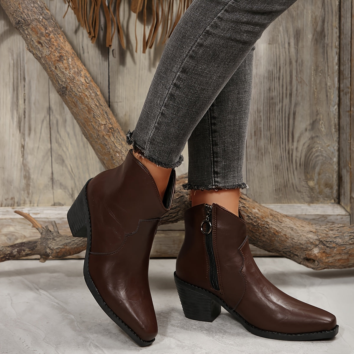 Women's Faux Cover Block Heel Ankle Boots Brown Pointed Toe Non-Slip Rubber Sole