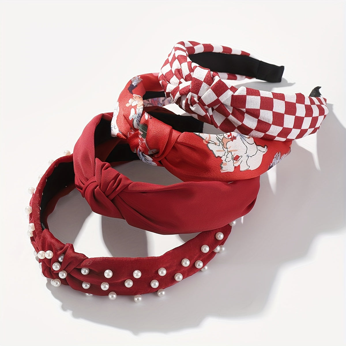 Set of 4 Wide Brim Headbands with Faux Pearl Accents, Knotted Design, Floral Print for Women