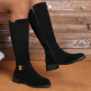 Women's Faux Leather Mid-Calf Boots with Gold Buckle Side Zipper