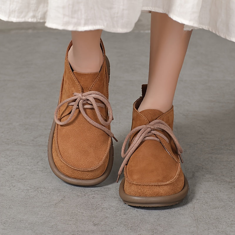 Women Cow Leather Ankle Boots Solid Color Lace-Up Flat Heel All-Season
