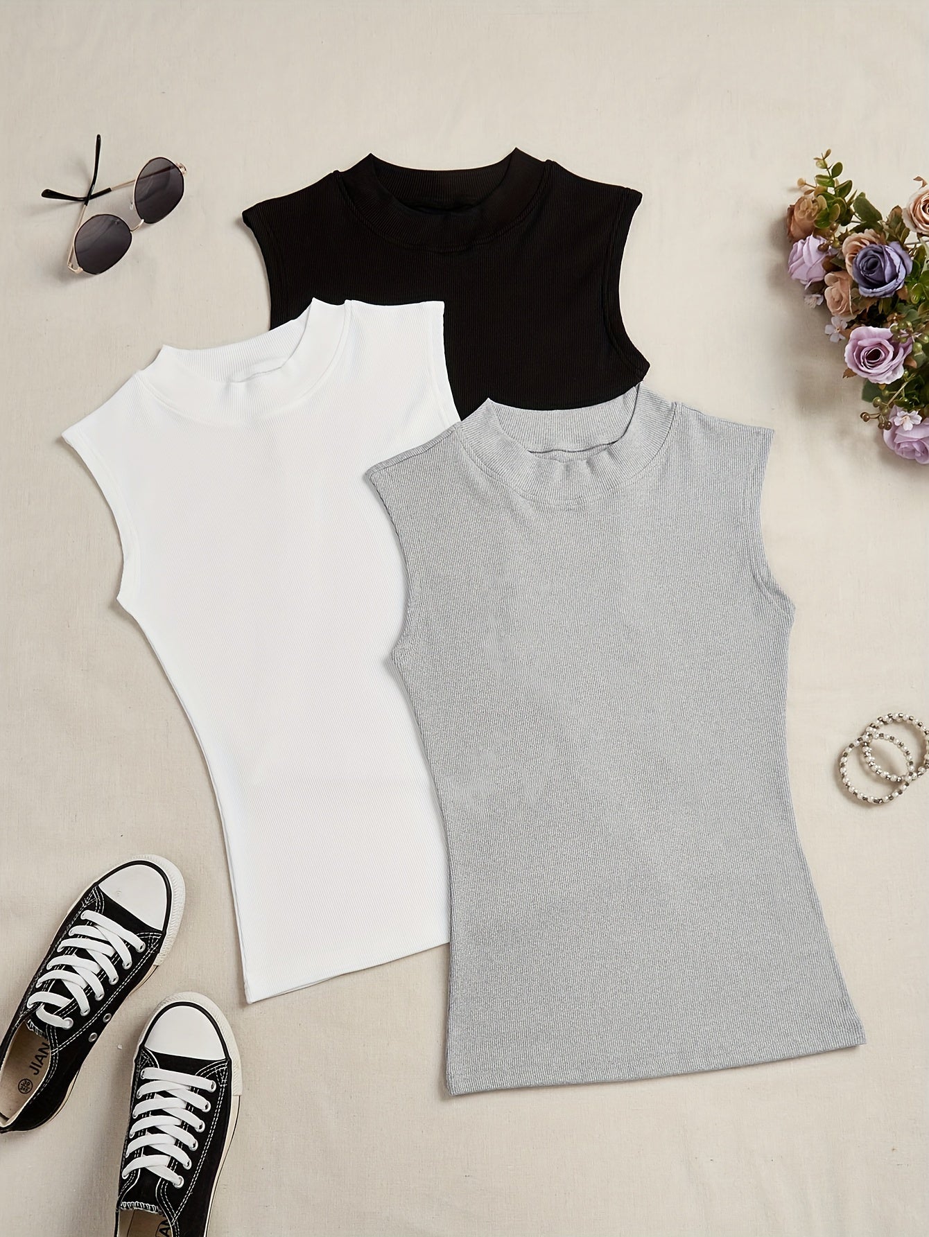 Women's Sleeveless Tank Tops 3-Pack Solid Color High Stretch Casual Summer