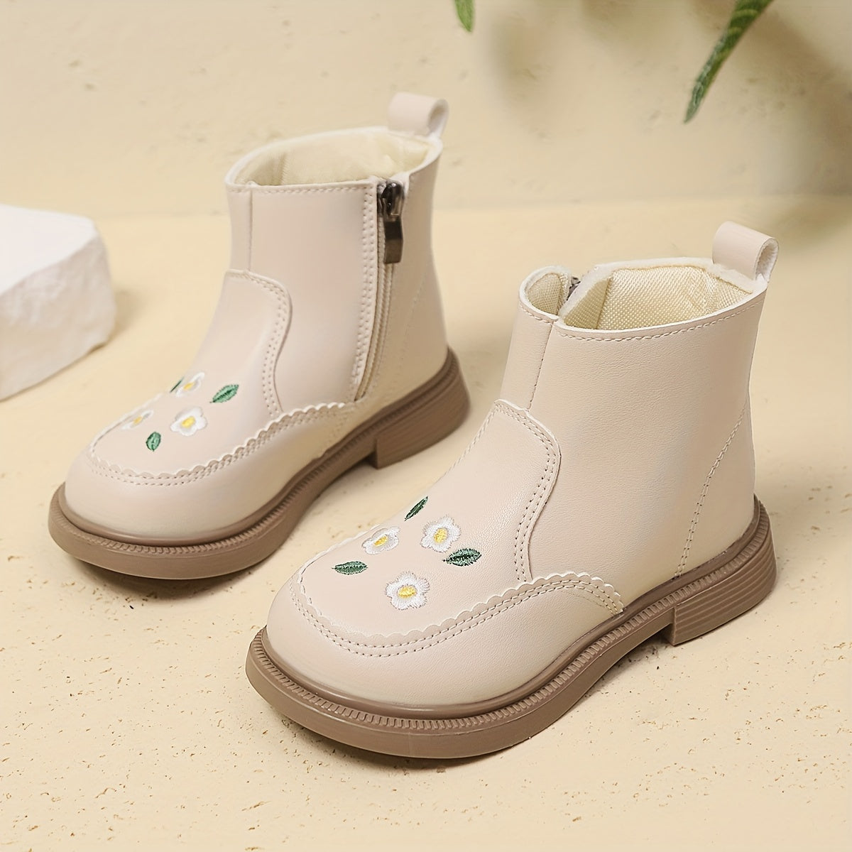 Girls Ankle Boots Floral Embroidery PU Upper Rubber Sole Zipper Closure Fall Winter