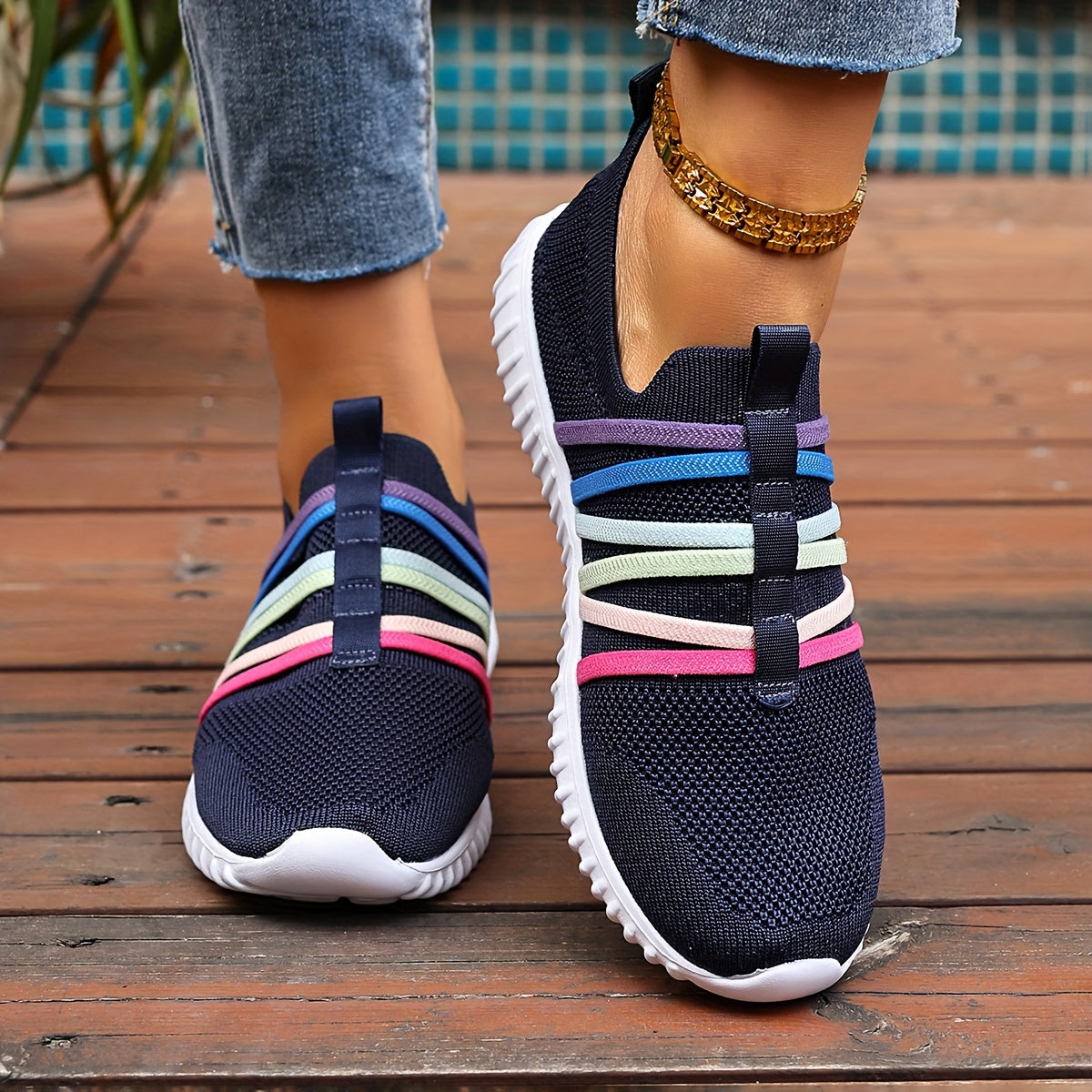 Women's Slip-On Casual Sneakers Breathable Fabric Pastel Stripes