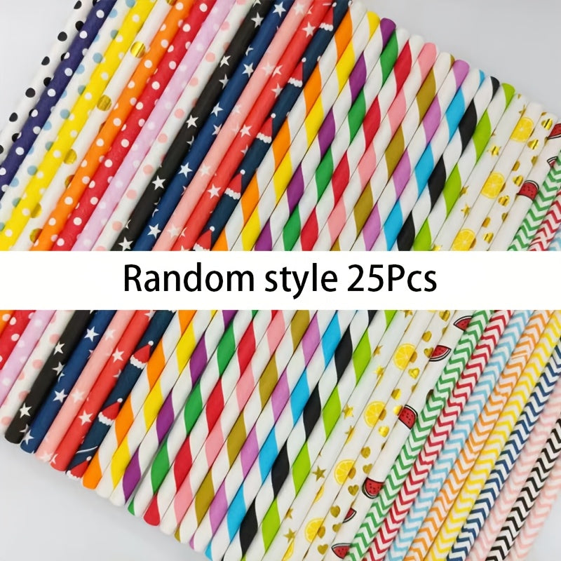 25 Pack Assorted Paper Straws Polka Dot Striped Waves Stars for Parties Weddings BBQ
