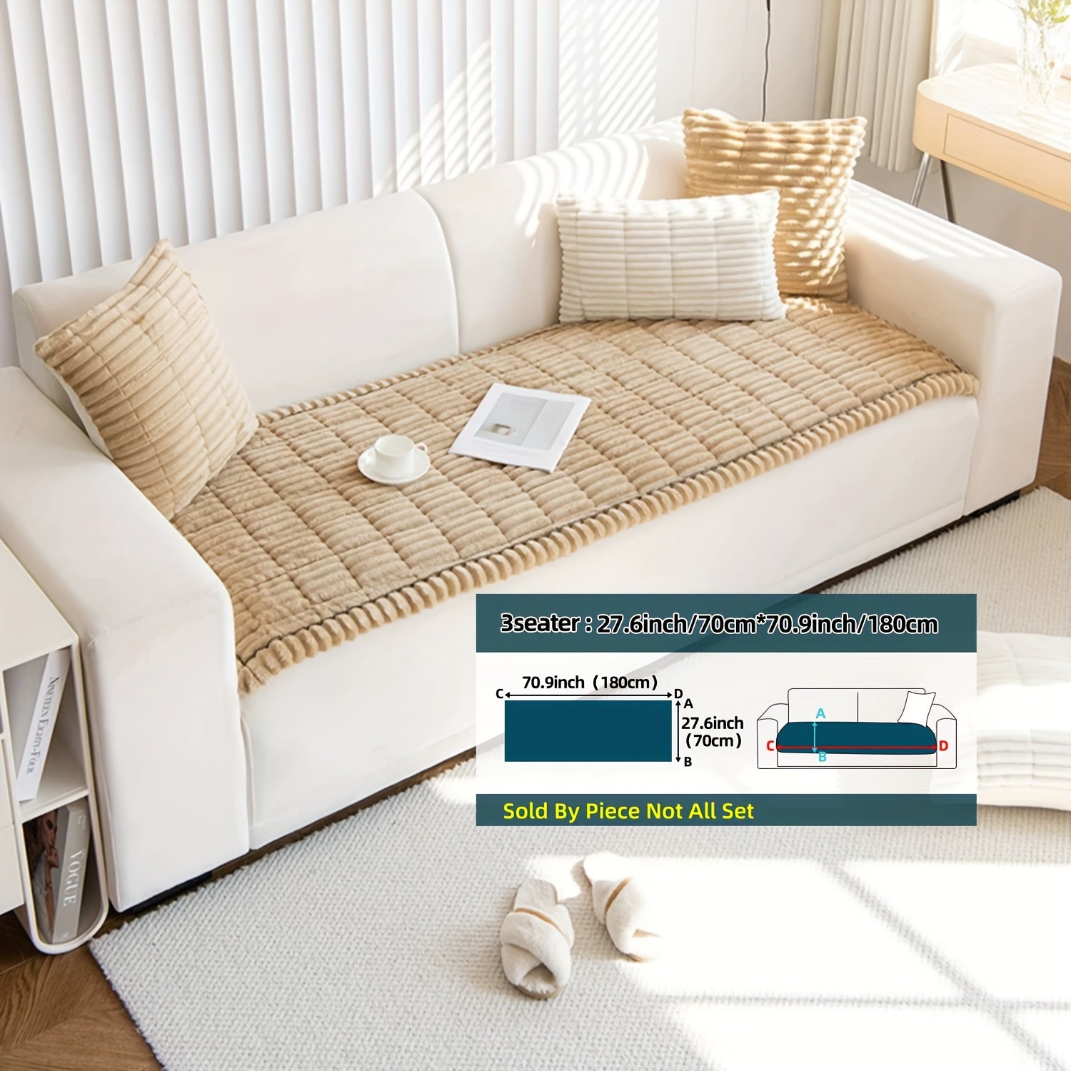 Boho Style Quilted Short Plush Sofa Cover with Ruffle Design Non-Slip Pet Friendly Machine Washable