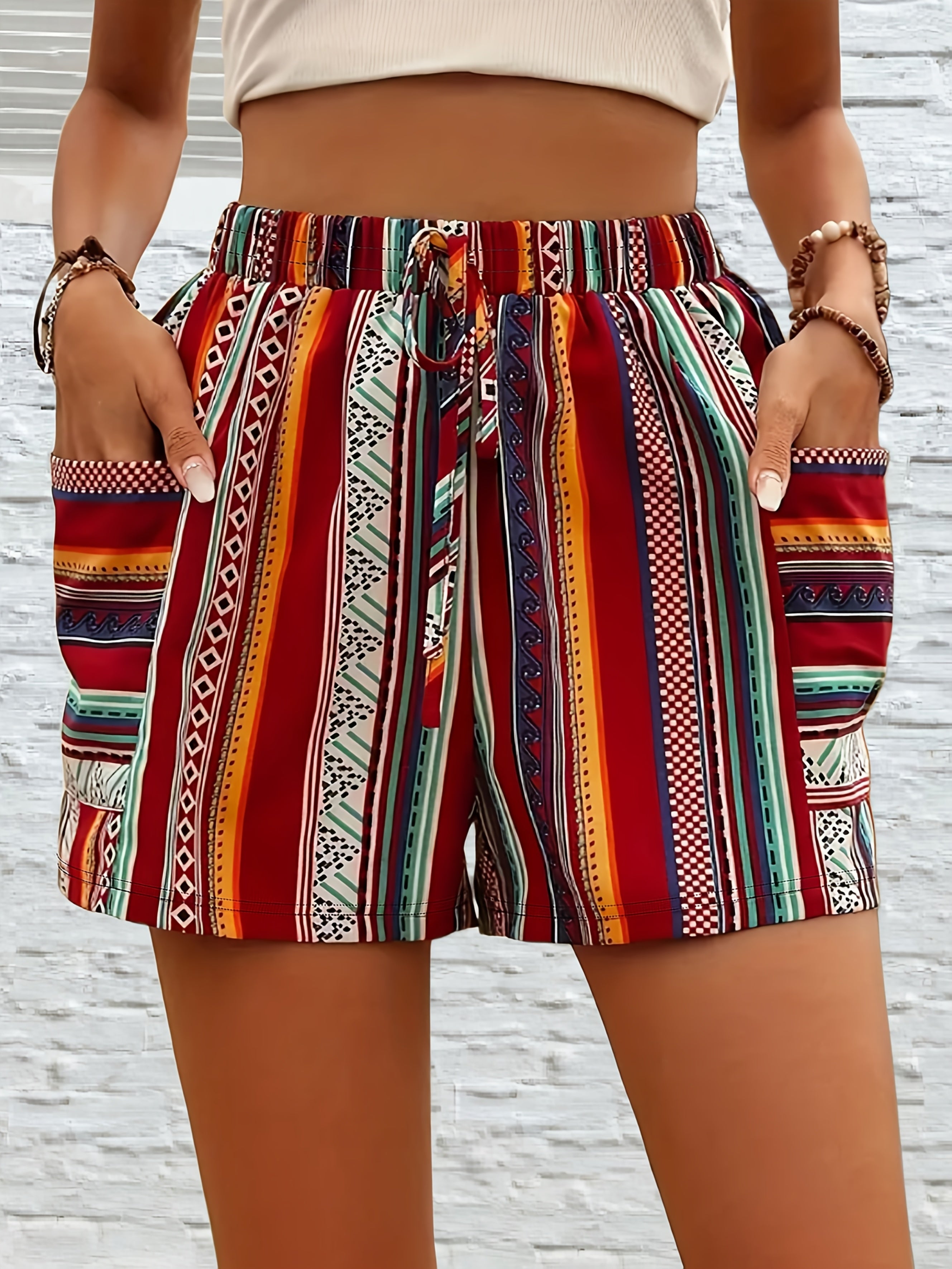 Women’s Bohemian High-Waisted Shorts Polyester Striped Pockets Summer Plus Size