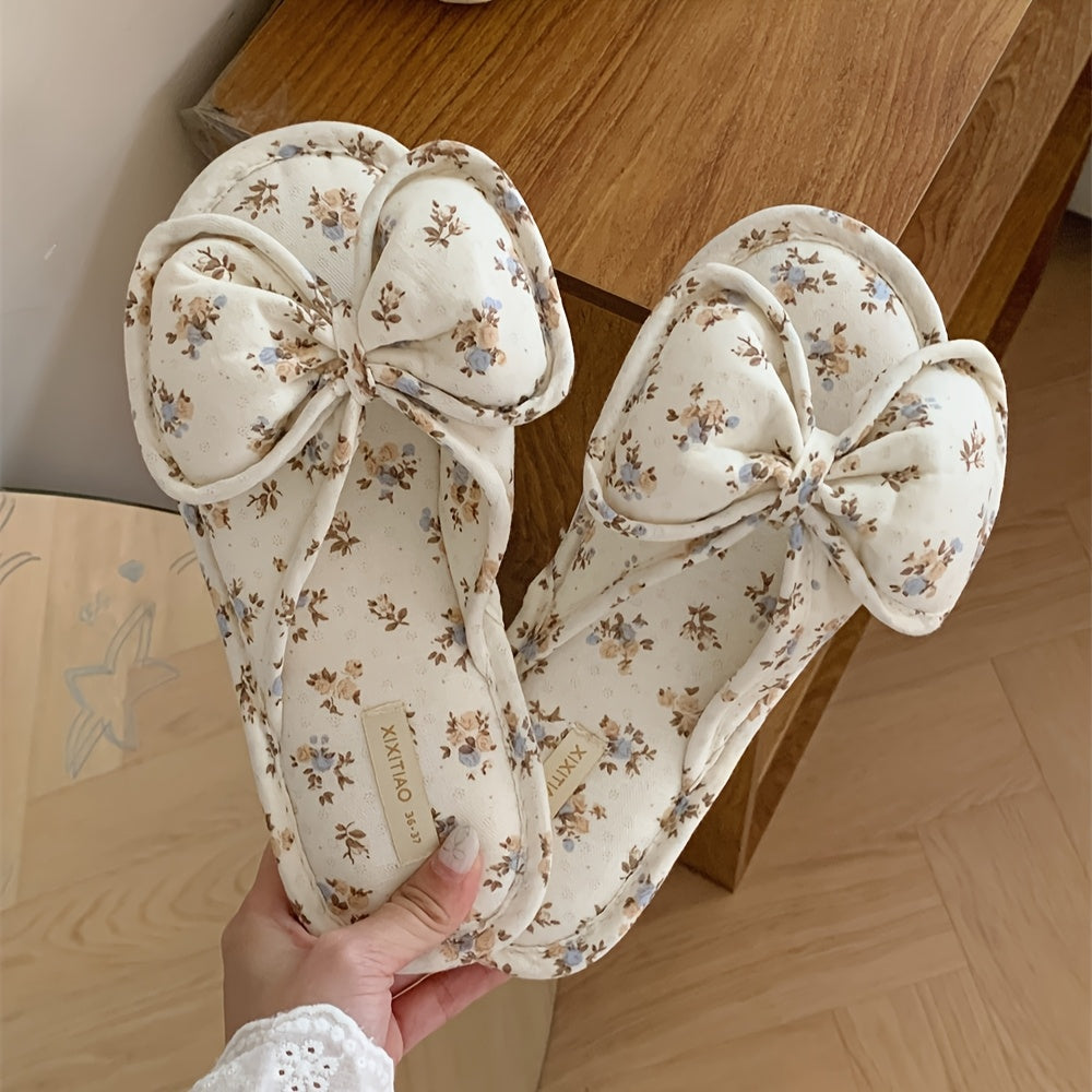 Women’s Floral Bow Slides Soft Fabric Flip Flops Non-Slip PVC Sole Indoor Outdoor