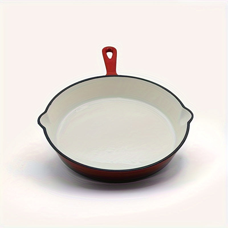 Набор из трех чугунных сковородок с эмалевым покрытием красного и кремового цветов, размером 15,24 см, 20,32 см и 25,4 см. Можно использовать на плите и в духовке.