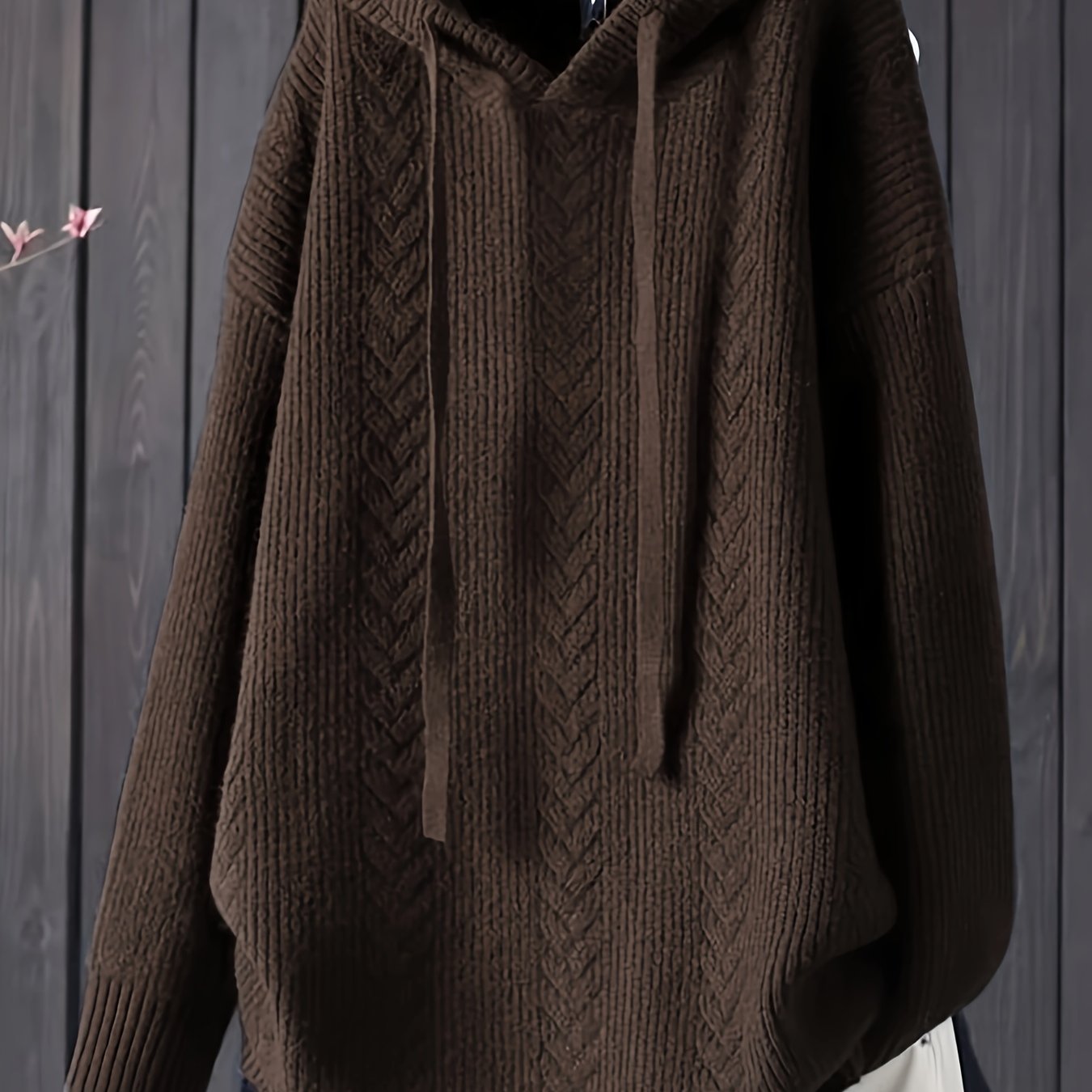 Women's Navy Blue Hooded Sweater with Drawstring and Ribbed Texture