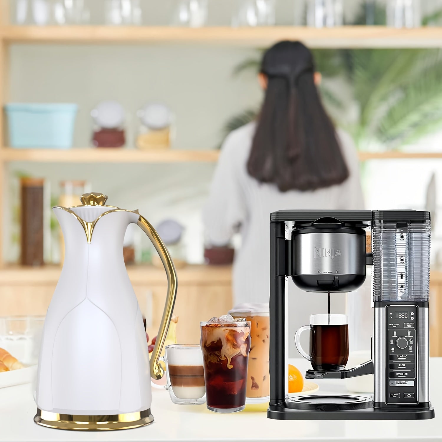 Insulated Ceramic Coffee Carafe with Golden Tree Design Vacuum Sealed White Thermal Flask for Hot Cold Beverages