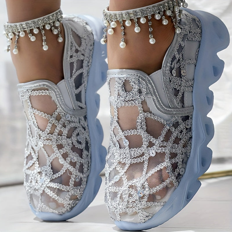 Sparkly Casual Mesh Sneakers with Sequins and Low Top Fabric Upper