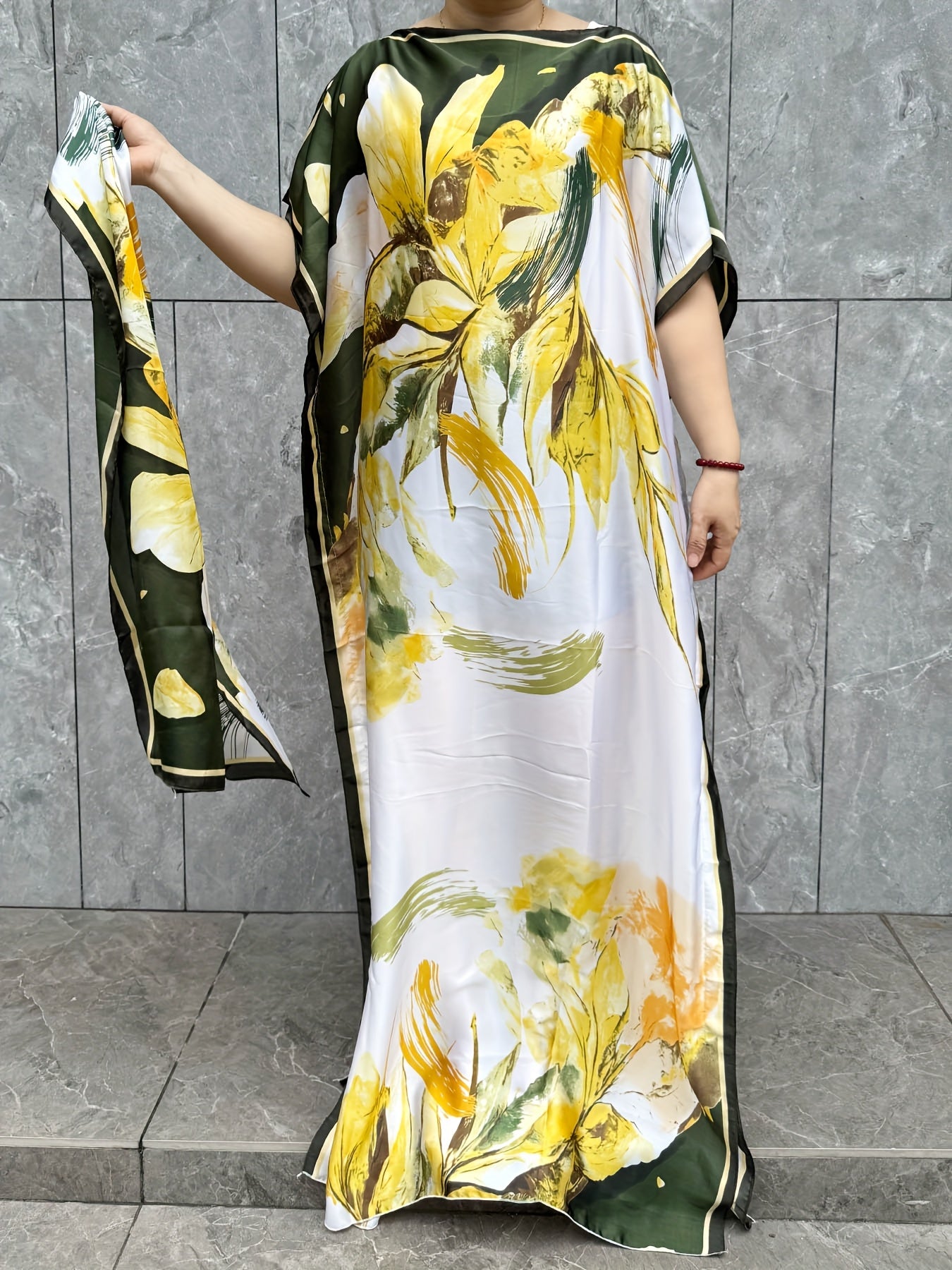 Plus Size Floral Pattern Kaftan Dress Longline Short Sleeve Summer Casual Gown