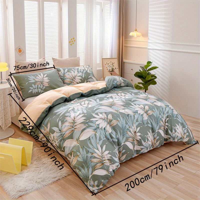 Green Leaf Print Duvet Cover Set with Pillowcases 3 Pieces Soft Polyester for Bedroom