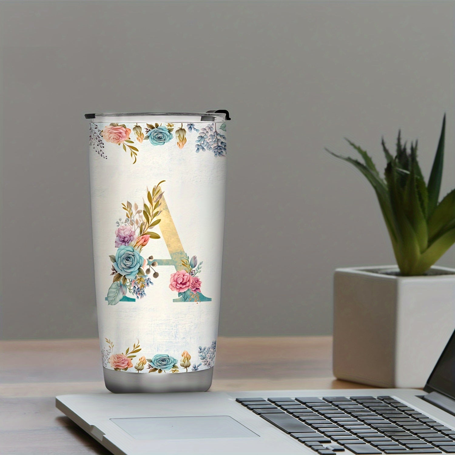 20oz Stainless Steel Tumbler with Monogram Floral Design Leak Proof Lid for Outdoor Use