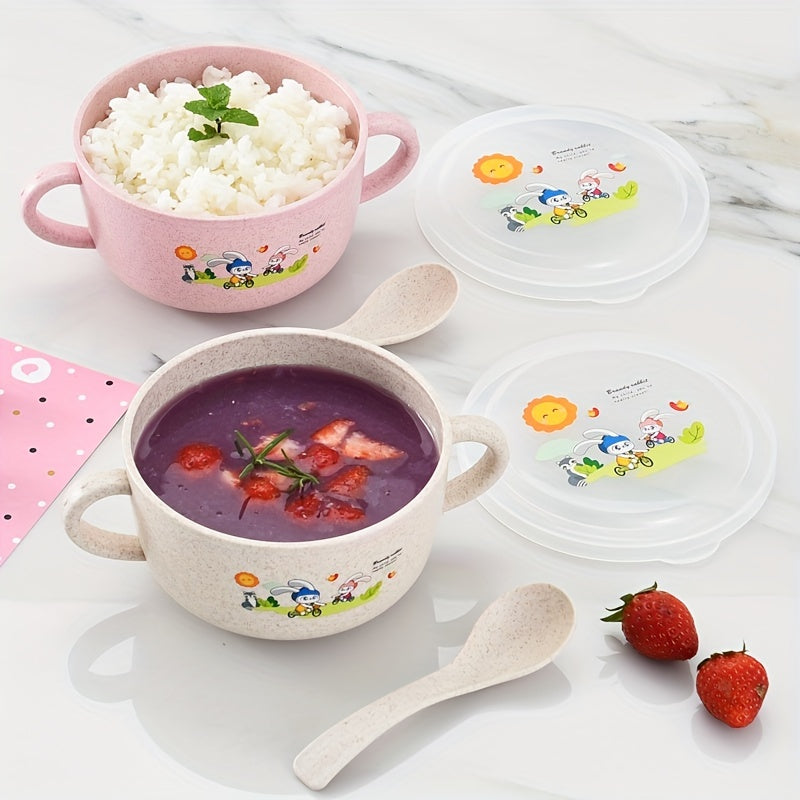 Kids Insulated Cartoon Bowl with Cutlery and Lid for Snacks and Fruits
