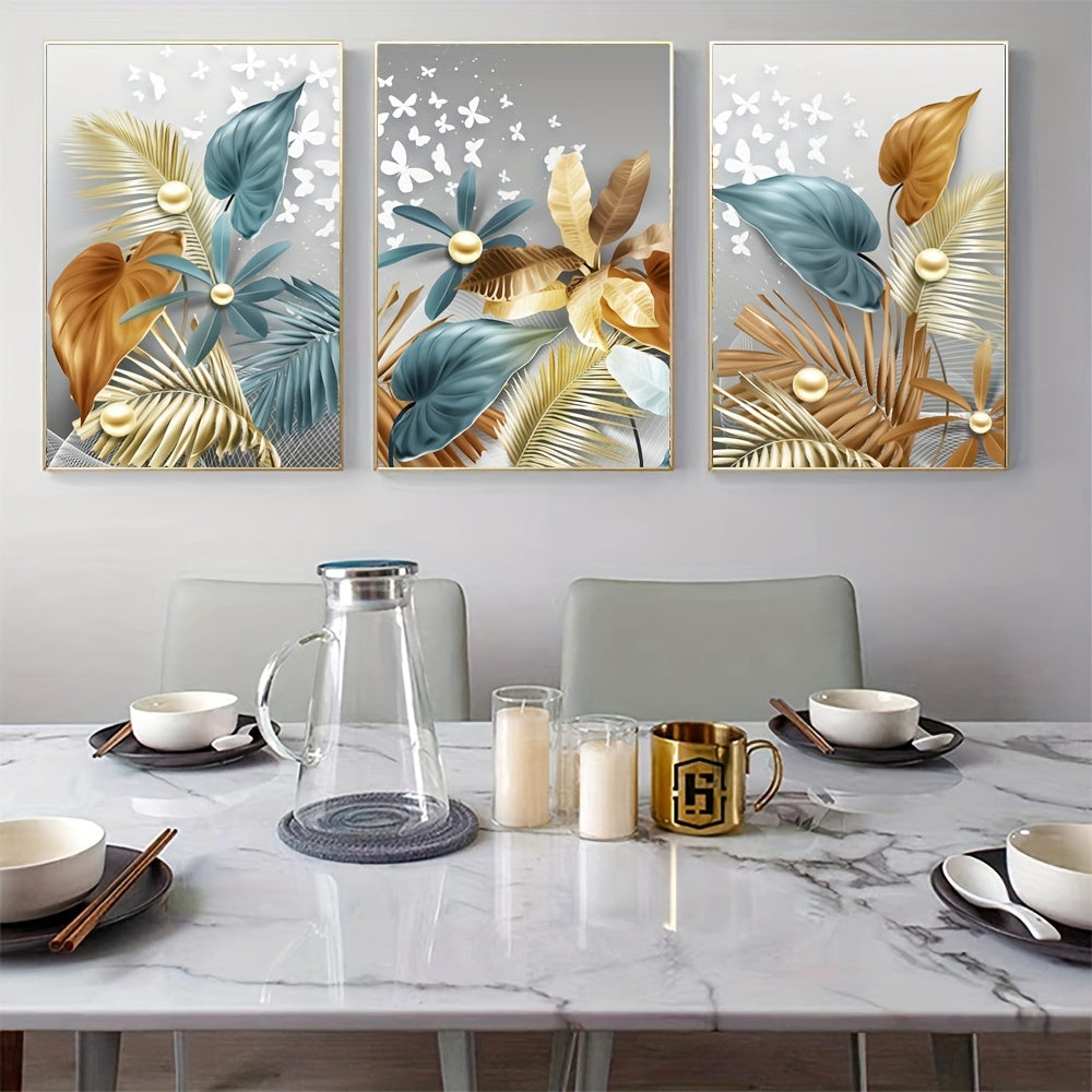 Set of 3 Flower Leaf Canvas Wall Art Posters Frameless for Living Room Bedroom Kitchen Office