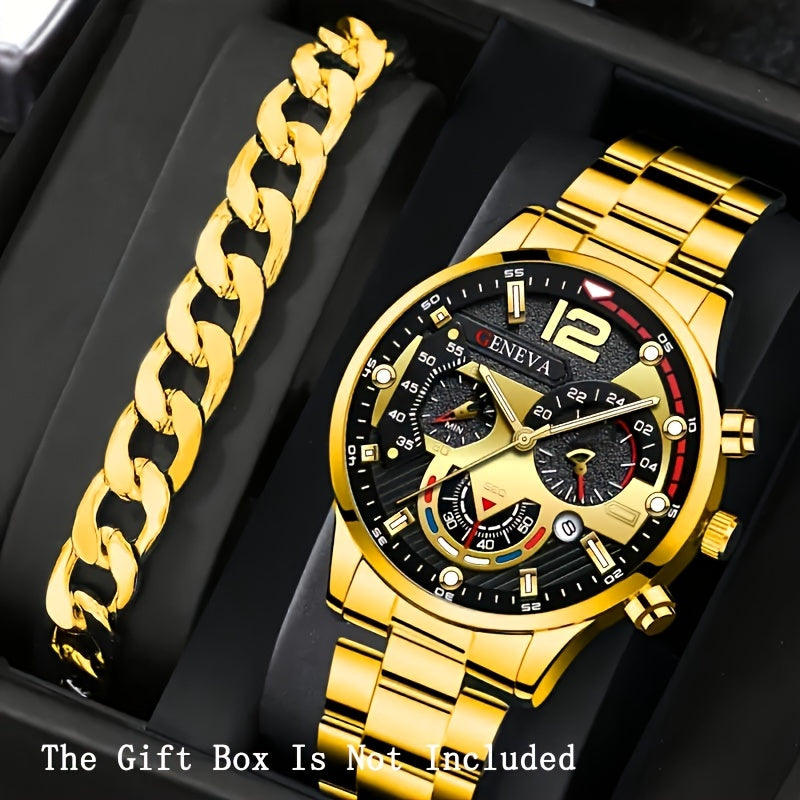 Erkaklar uchun vintage oltin kvarts soat va bilaguzuk to'plami, zanglamaydigan po'latdan yasalgan dumaloq ekran, sana funksiyasi, zamonaviy aksessuar