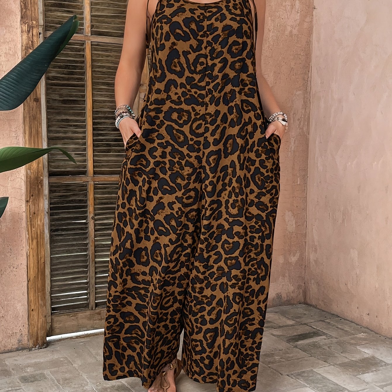 Mono sin mangas de mujer con estampado de leopardo, pantalón ancho, verano, casual, formal