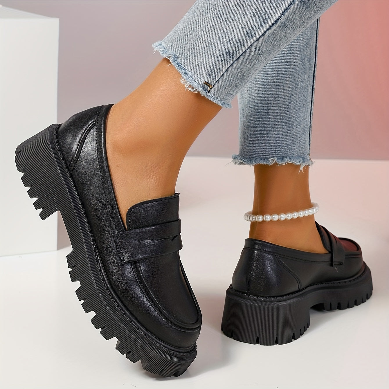 Women's Platform Loafers in Solid Color with Preppy Style and Comfort