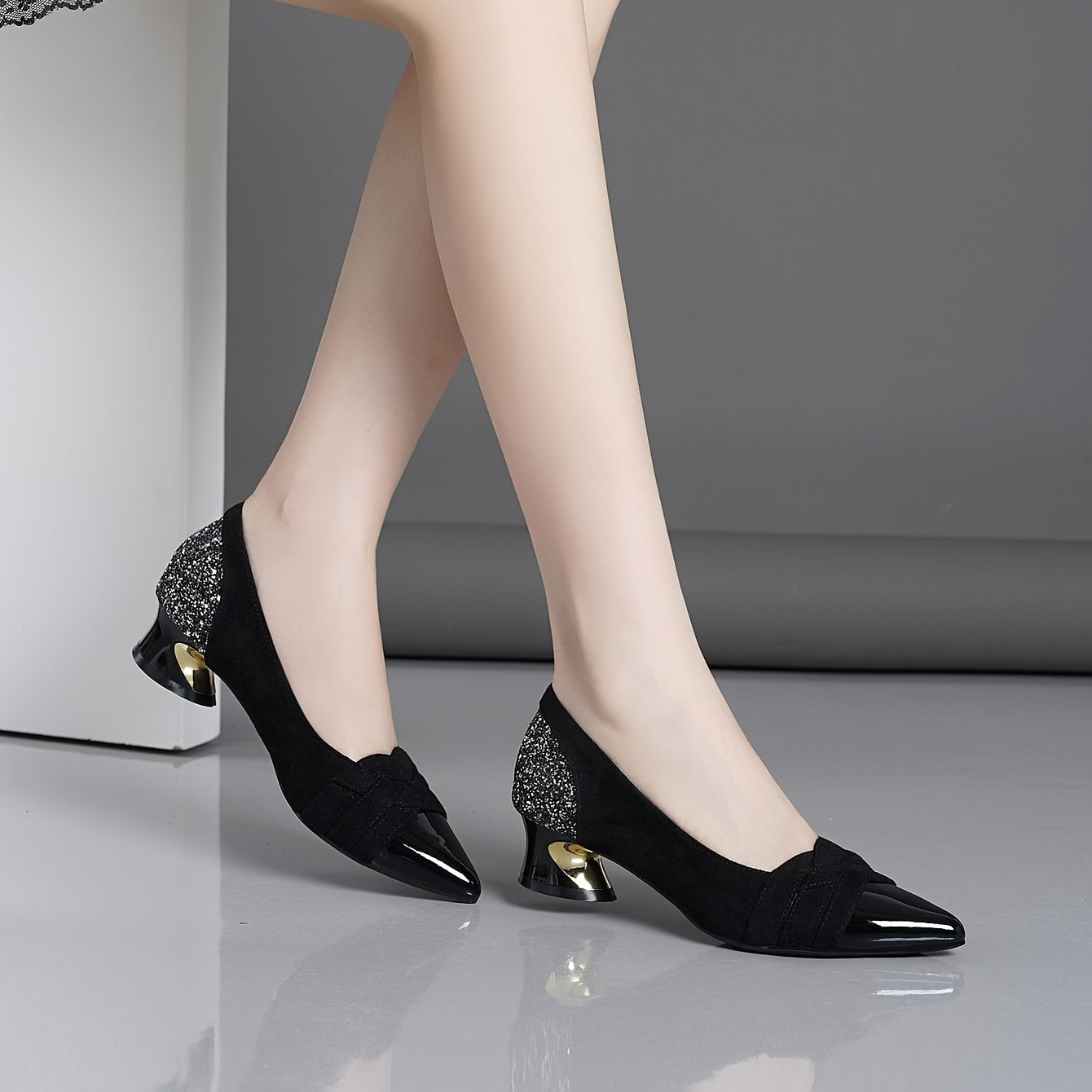 Women's Black Pointed Toe High Heels with Rhinestones and Chunky Heel