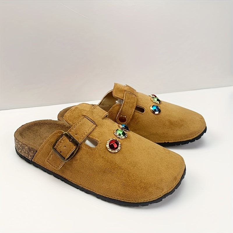 Women's Beige Fabric Slip-On Mules with Sparkling Red and Green Gems