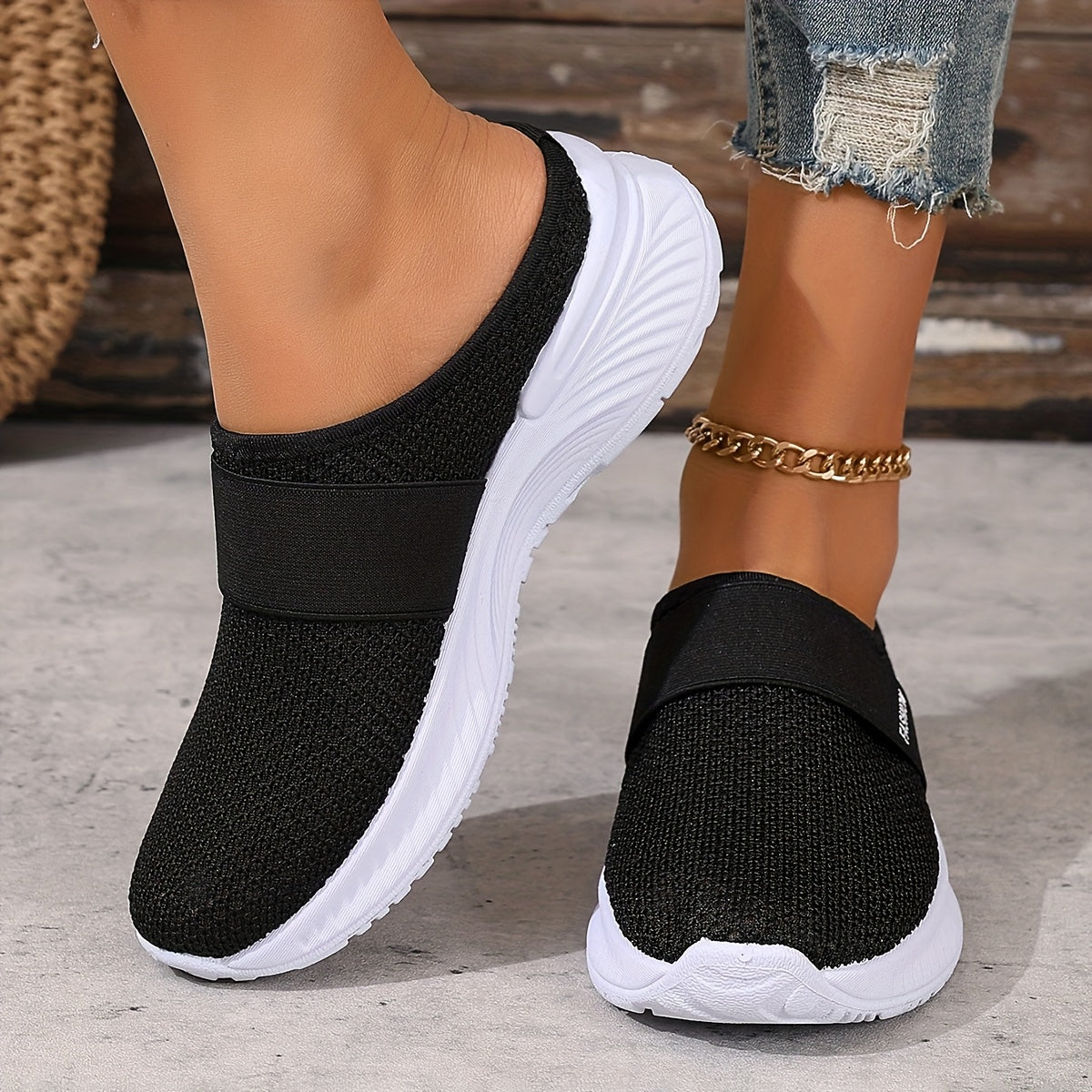 Women's White Slip-On Casual Sneakers Breathable Knit Comfortable Beach Shoes